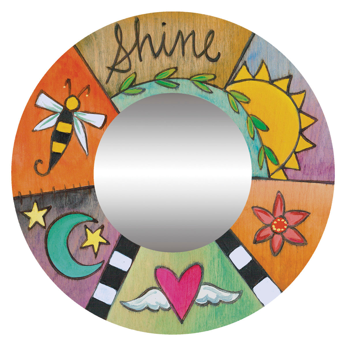 A circular picture frame with a colorful abstract pattern, featuring a sun, stars, a bee, and various other symbols. The word 'Shine' is prominently displayed at the top.