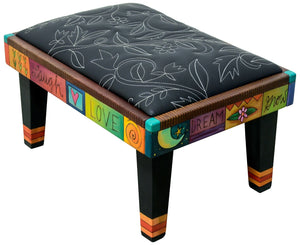 Ottoman –  Floral vine motif in black and white with colorful icons and phrases along the side main view