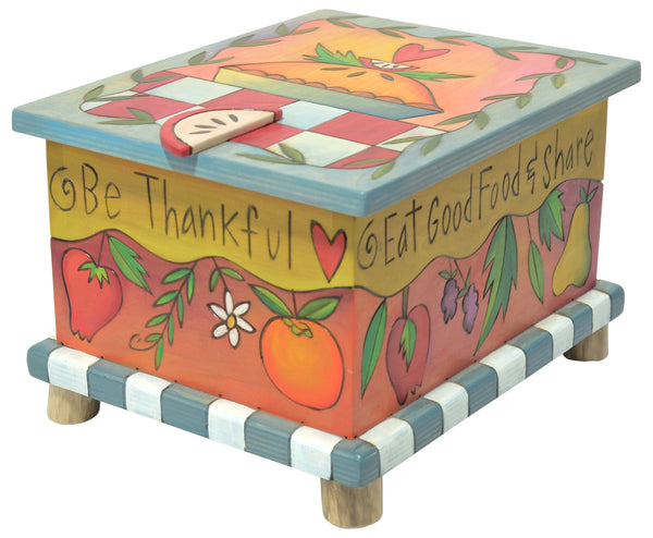 Hand-painted recipe box with a colorful design featuring fruits, vegetables, and the text 'Be Thankful Eat Good Food & Share'.