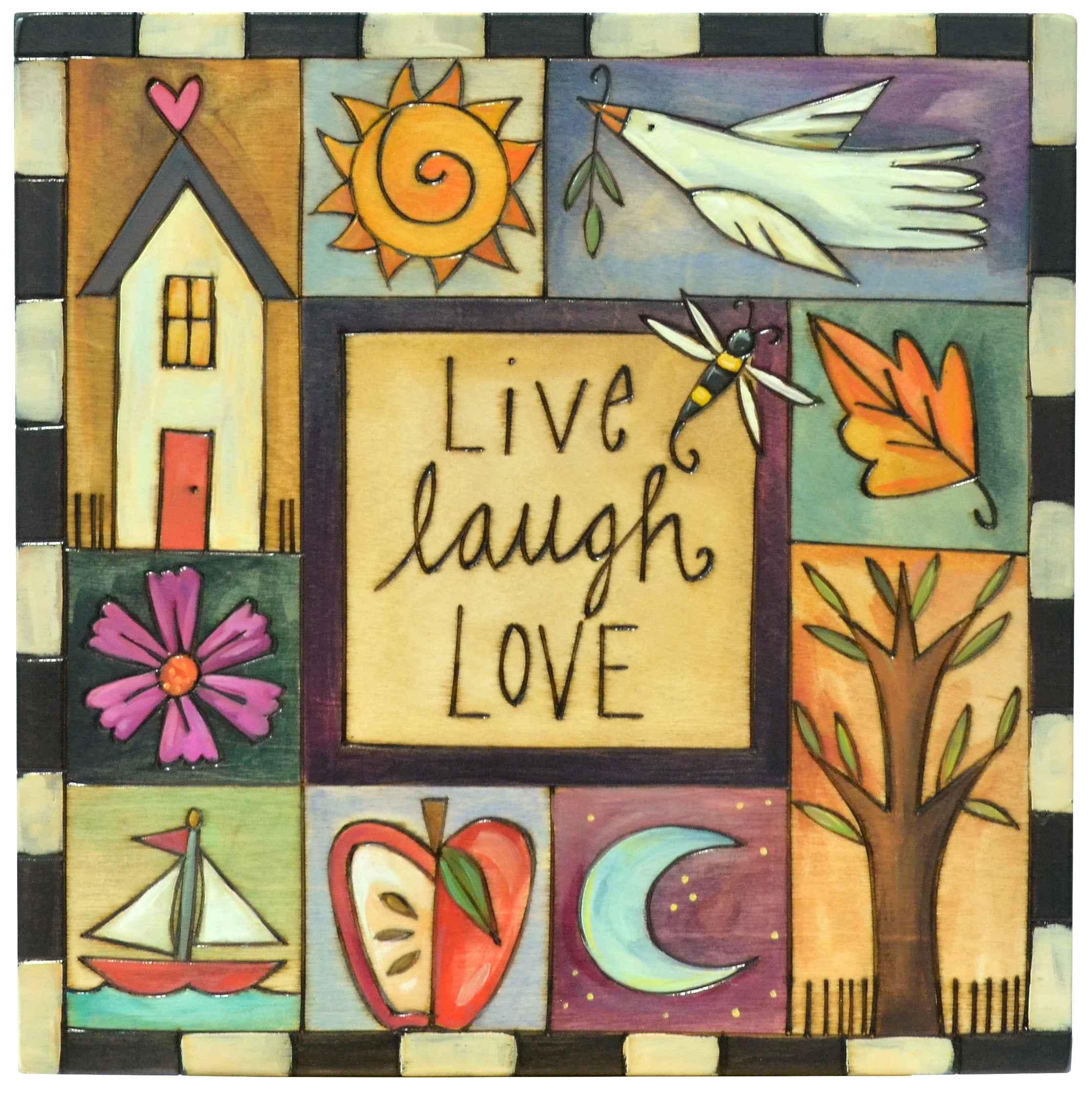 Decorative wall art with 'Live laugh love' text and various symbols.