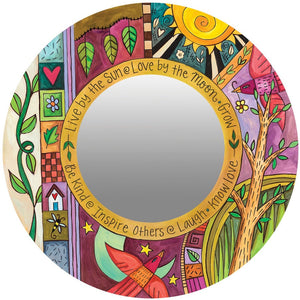 Abstract design featuring a tree of life, love birds, and colorful icons on a circle wall mirror