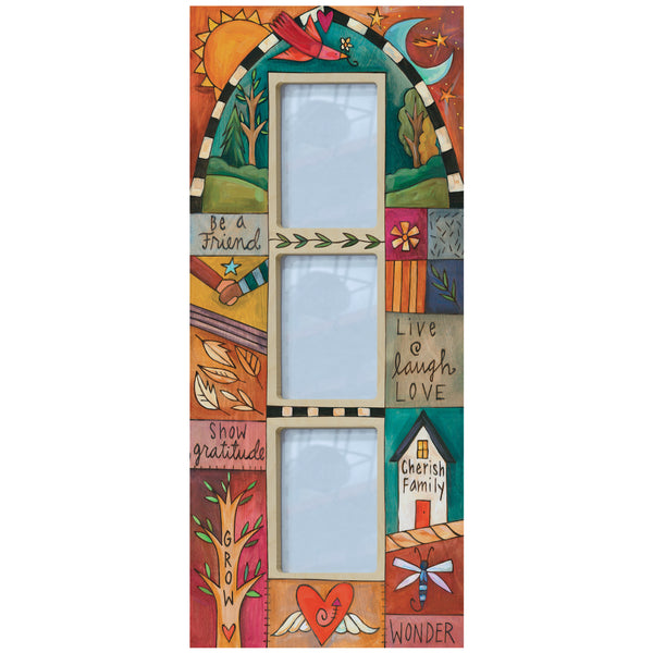 A colorful multi-picture frame with a patchwork design, featuring three vertical 5x7 photo slots and decorative elements such as hearts, wings, and natural motifs. The frame is adorned with phrases like 'Live', 'Love', and 'Wonder'.