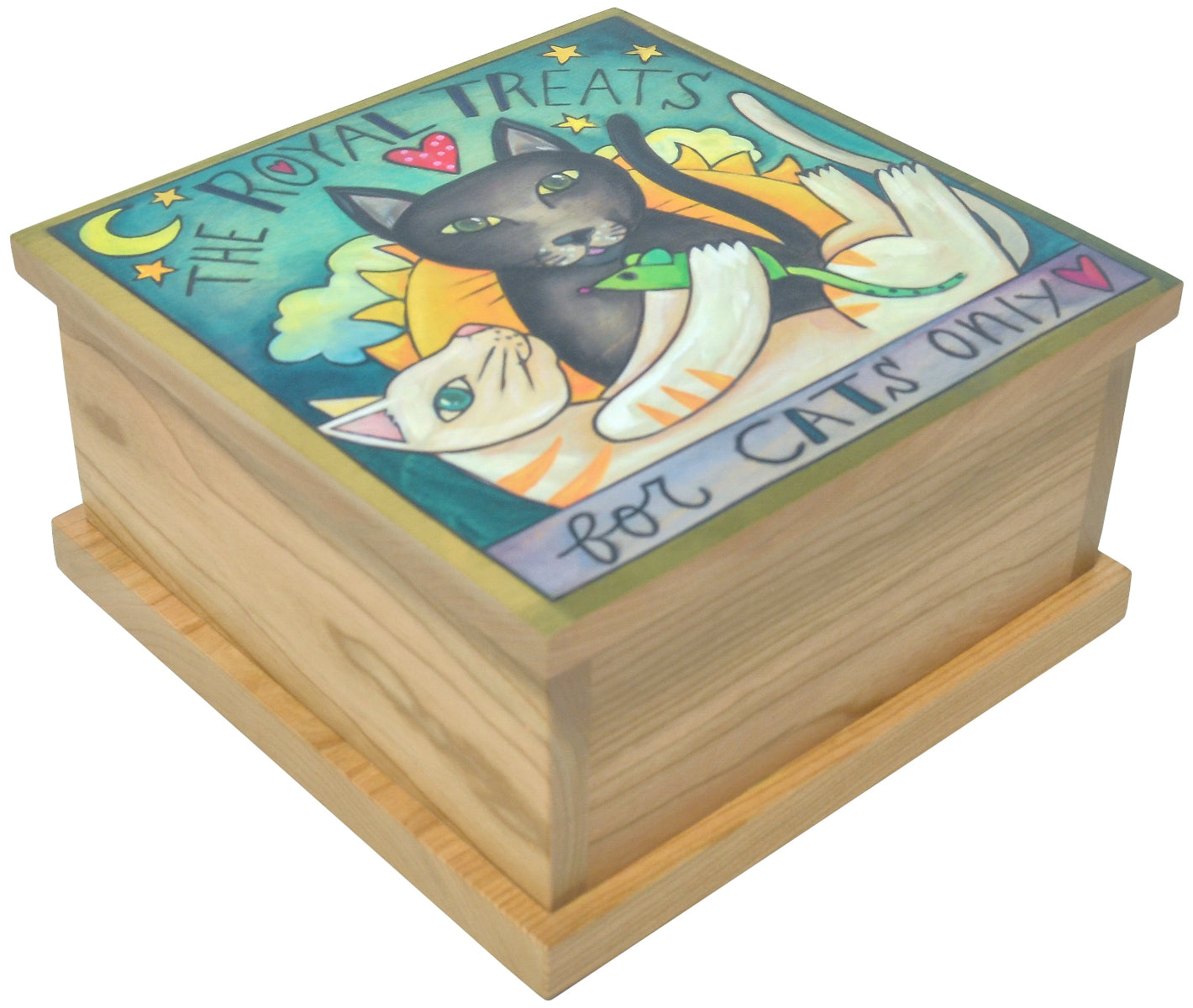 A wooden cat treat box with a lid, featuring an illustration of a cat and celestial bodies on the lid's interior.
