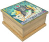 A wooden cat treat box with a lid, featuring an illustration of a cat and celestial bodies on the lid's interior.