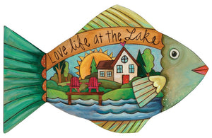 "Love life at the lake" fish-shaped wall art with lakehouse and dock motif