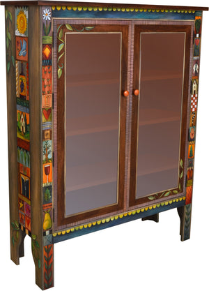 Bookcase with Glass Doors –  Bookcase cabinet with interior shelves and colorful crazy quilt icon patches