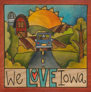 99 Counties – "We Love Iowa" plaque with car and barn motif front view