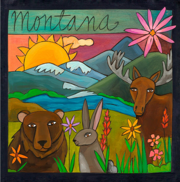 "Treasure State" Plaque – "Montana" plaque with a mountainous landscape scene and wildlife among a flowery field front view
