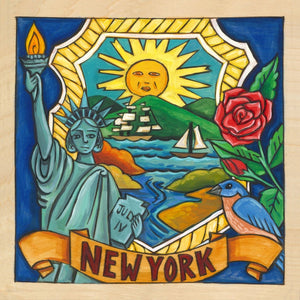 New York nature scene with a beautiful state painted symbols and the iconic Statue of Liberty.