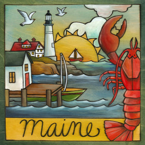 "Vacationland" Plaque – Maine coastal landscape scene with a prominent lighthouse and lobster front view
