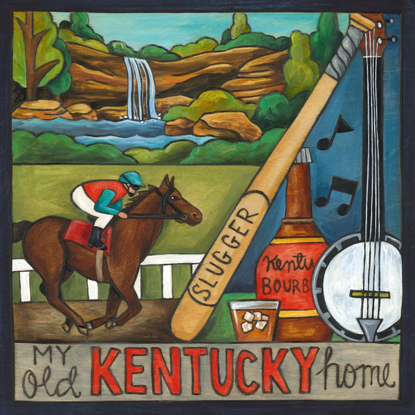 "Bluegrass State" Plaque – This Kentucky plaque is off to the races with a Derby horse, Louisville Slugger bat, and bourbon bottle