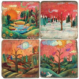 Warm-toned seasonal landscape design coasters with one season on each tile