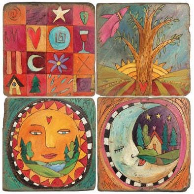 Coordinating sun, moon, and tree of life coaster set designs