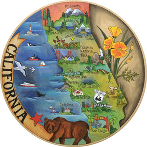 "California Dreamin'" Lazy Susan – Beautiful artisan printed California lazy susan highlighting some of the most beloved areas in the state front view
