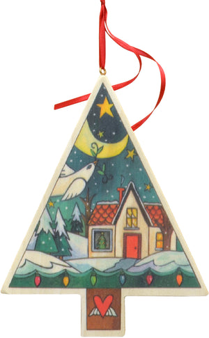 "Christmas Cottage" Ornament – ﻿A Christmas home is nestled into this printed winter landscape motif front view