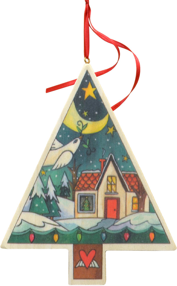 "Christmas Cottage" Ornament – A Christmas home is nestled into this printed winter landscape motif front view