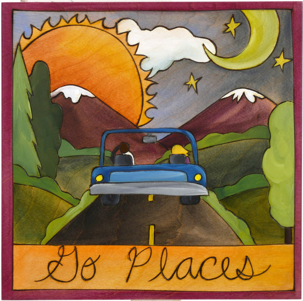 Sticks handmade wall plaque with "Go Places" quote and road trip to the mountains imagery