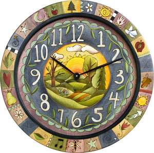 Sticks handmade 36"D wall clock with sunrise landscape and colorful life icons