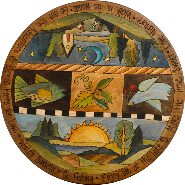 Sticks Handmade 20" lazy susan with Sun and Moon landscapes, bird, fish and foliage