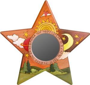 Star Shaped Mirror –  "Seize the Day/Relish the Night" star-shaped mirror with sun and moon over the horizon motif