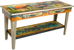 Sticks handmade 5' sofa table with drawers and beautiful foothills motif