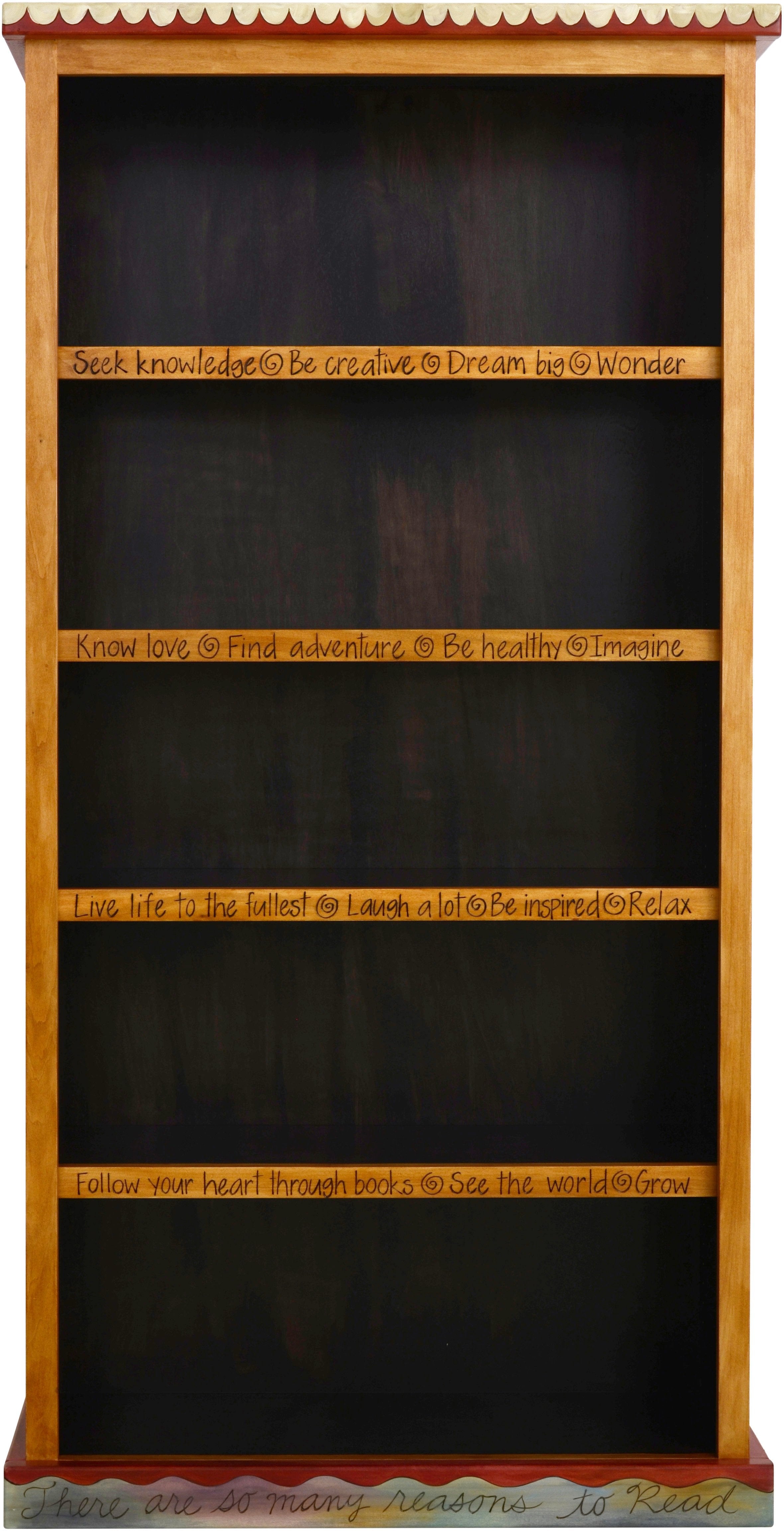 Tall Bookcase –  Lovely tall bookcase with dark interior and colorful block icon motif on the sides