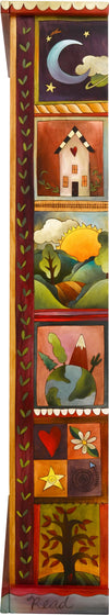 Tall Bookcase –  Lovely tall bookcase with dark interior and colorful block icon motif on the sides