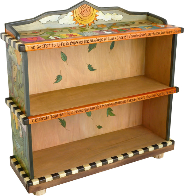 Short Bookcase –  Beautiful four seasons bookcase with floral and vine motif and colorful block icons