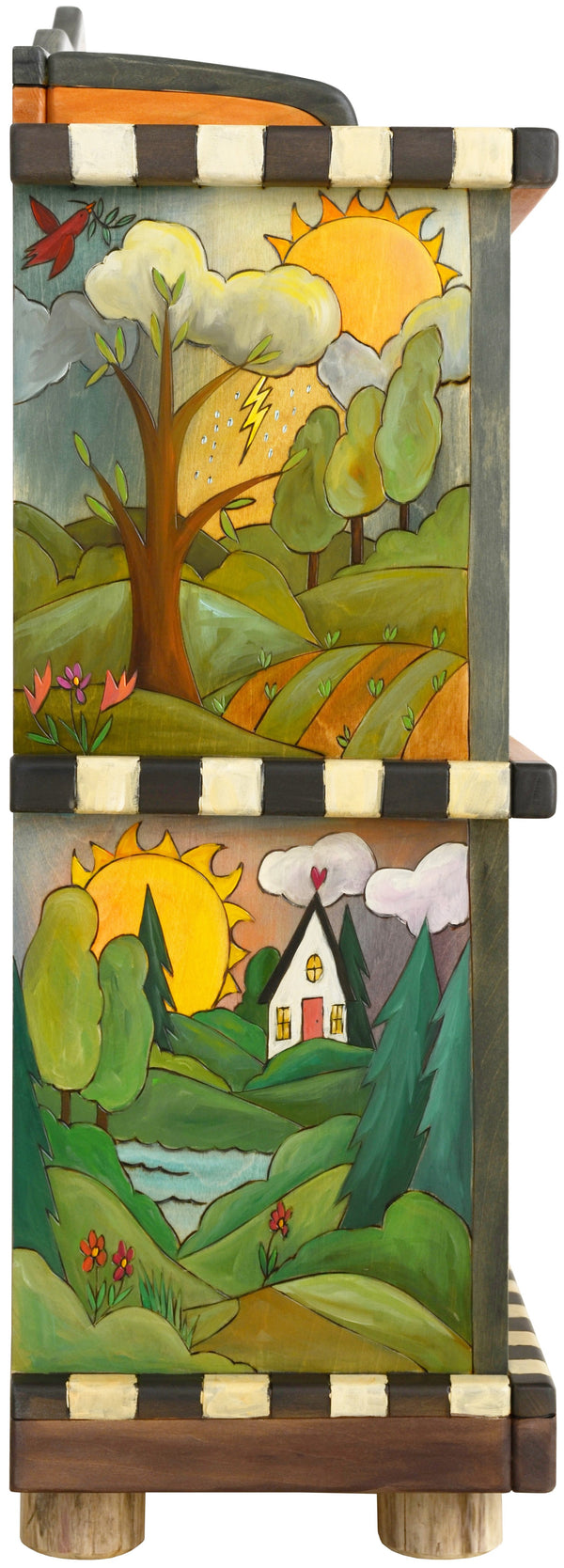 Short Bookcase –  Beautiful four seasons bookcase with floral and vine motif and colorful block icons