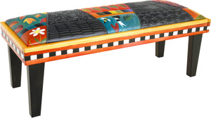 Sticks handmade 4' bench with leather and colorful folk art imagery