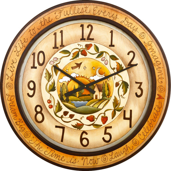 Sticks handmade 36"D wall clock with lovely landscape in neutral color palette
