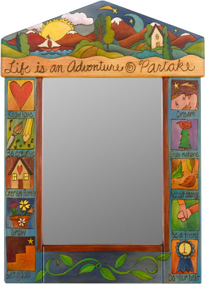 Medium Mirror –  "Life is an Adventure/Partake" mirror with sun and moon over the mountains and lake motif