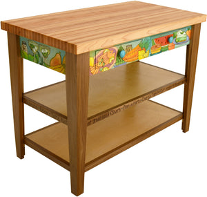 Kitchen Island –  Colorful kitchen island with meal and drink motifs and two drawers for storage