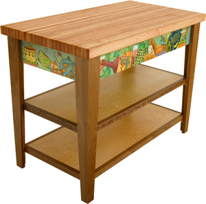 Kitchen Island –  Colorful kitchen island with meal and drink motifs and two drawers for storage