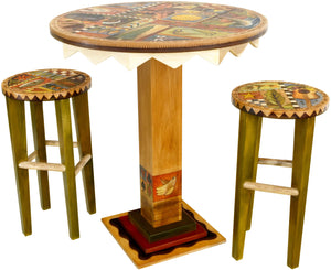 Sticks handmade dining table with colorful folk art imagery, western theme and matching stools