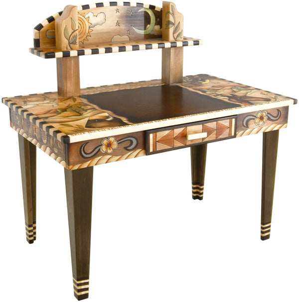 Desk with Shelf –  Elegant and neutral color palette desk with sun and moon motif and shelf