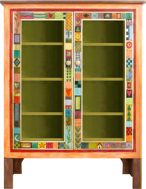 Bookcase with Glass Doors –  Bookcase cabinet with interior shelves and colorful block icons and landscapes