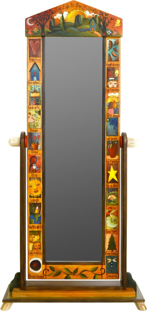 Wardrobe Mirror on Stand –  "Live Life to the Fullest" mirror on stand with sun and moon over beautiful rolling hills motif