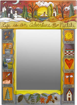 Medium Mirror –  "Life is an Adventure/Parktake" mirror with moon rising in the winter and sun setting in the spring motif