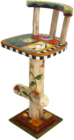 Stool with Back –  Beautiful crazy quilt stool seat and base designs with lovely floral vine on the log pedestal main view