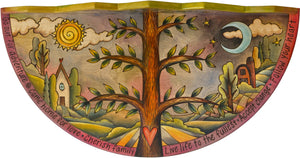 Small Half Round Table –  Eclectic little half round table with tree of life motif, rolling landscape, and sun and moon