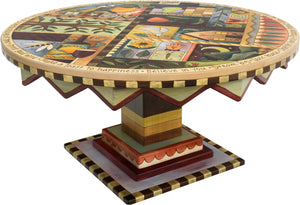 Round Coffee Table –  "Seize the Day/Relish the Night" round coffee table with sun, moon and tree of life motif