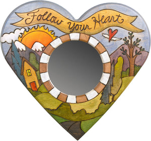 Heart Shaped Mirror –  "Follow your Heart" heart-shaped mirror with sun setting over the mountain range motif