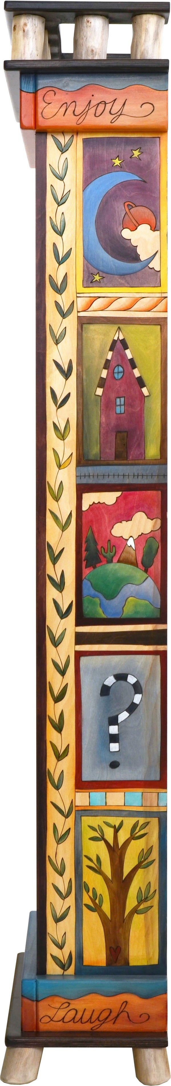 Tall Bookcase –  Bright and contemporary folk art bookcase with colorful block icon motif