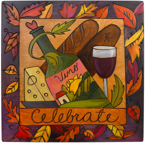 Sticks handmade wall plaque with "Celebrate" quote and wine and cheese imagery