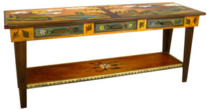 Sticks handmade sofa table with lovely floral and tree of life motif and rolling landscape