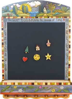 Info Center –  "The Secret to Life is Enjoying the Passage of Time" activity board with sun and moon over the horizon motif