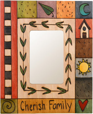 Sticks handmade picture frame with colorful block icons and "Cherish Family" phrase