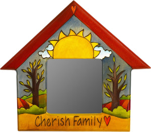 House Shaped Mirror –  "Cherish Family" house-shaped mirror with sun and tree of life motif
