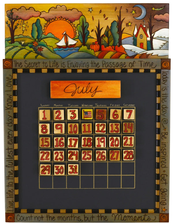 Small Perpetual Calendar –  "The Secret to Life is Enjoying the Passage of Time" perpetual calendar with sun and moon in the sky over the changing of the four seasons